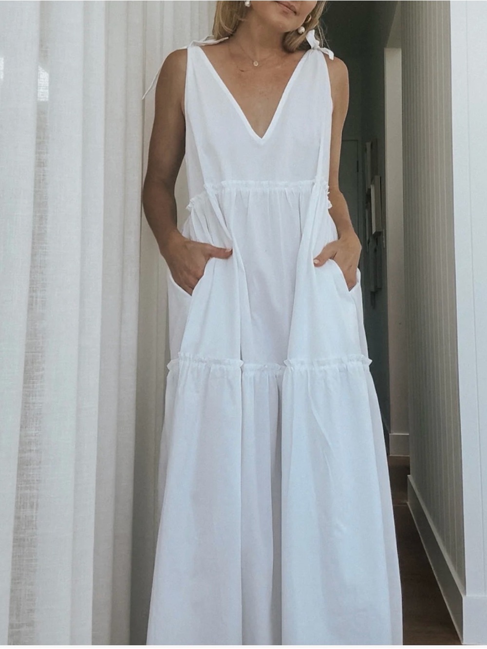 LJC Designs White Linen Low Cut Tiered Maxi Dress with pockets
